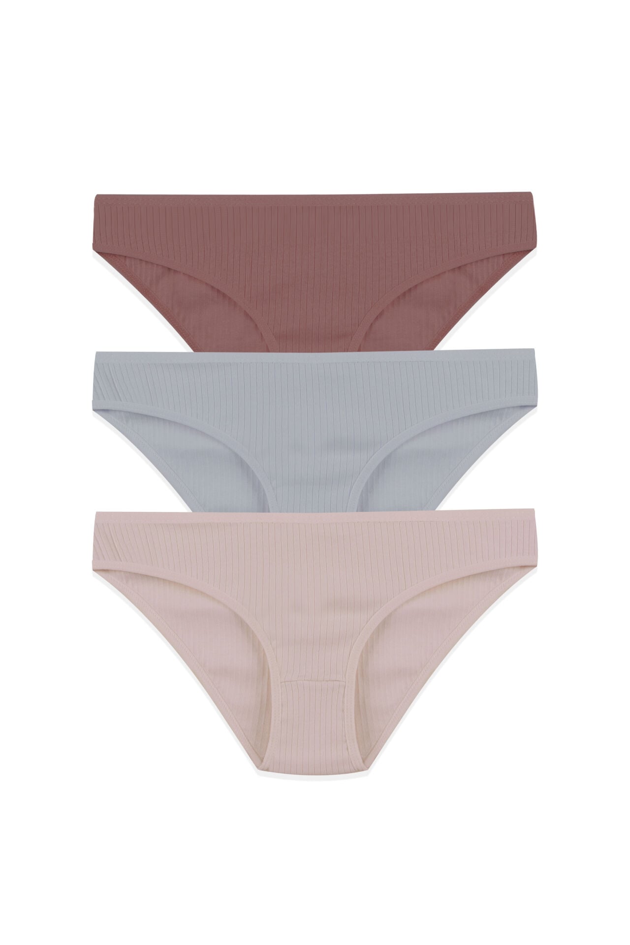 Kadın 3'lü Pamuklu Fitilli Külot Ten - Gri - L/XL