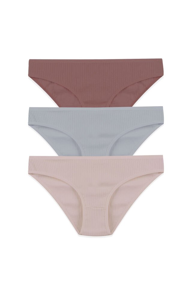 Kadın 3'lü Pamuklu Fitilli Külot Ten - Gri - L/XL
