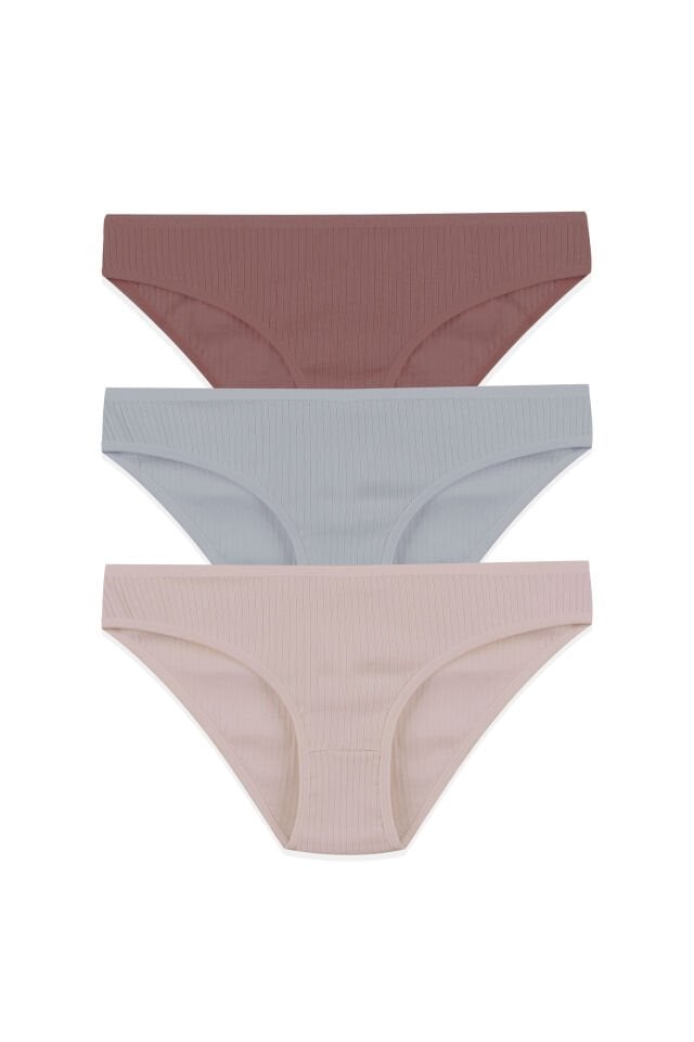 Kadın 3'lü Pamuklu Fitilli Külot Ten - Gri - L/XL