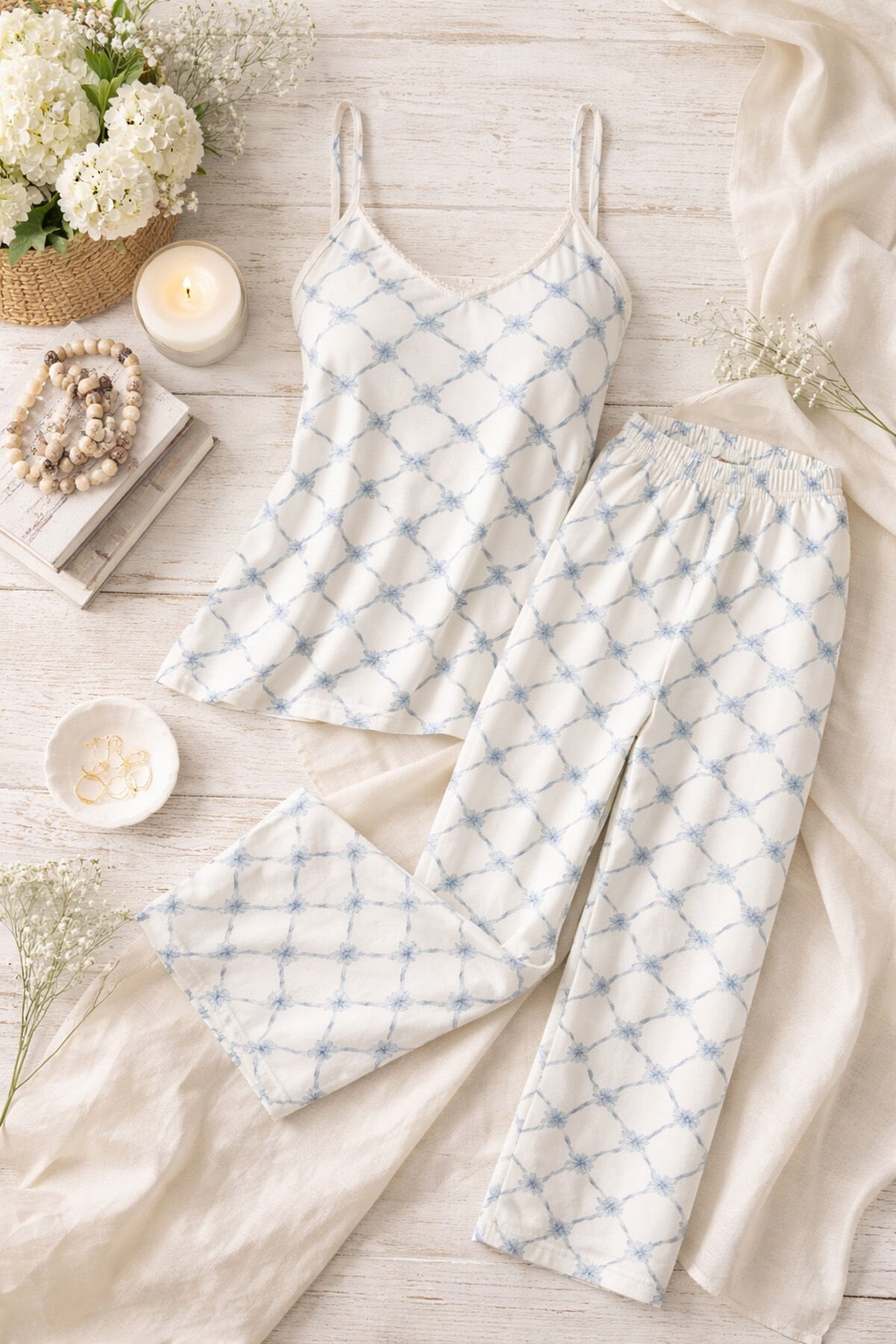 Kadın Askılı Yumuşak Dokulu Desenli Pijama Takımı S - Mavi - Beyaz