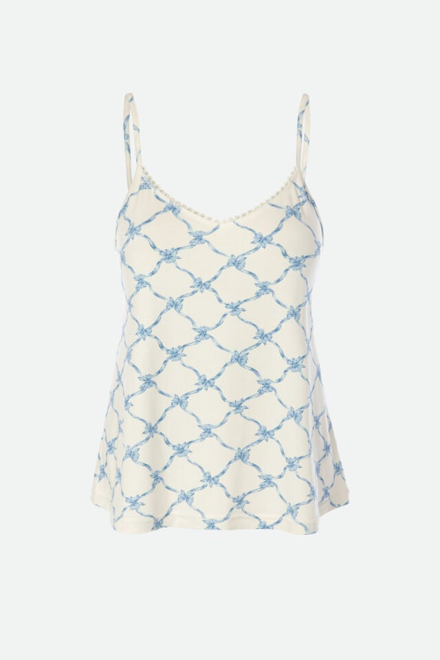 Kadın Askılı Yumuşak Dokulu Desenli Pijama Takımı S - Mavi - Beyaz