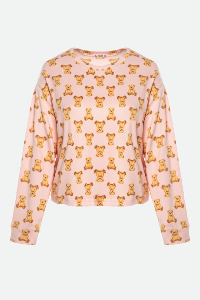 Kadın Soft Touch Pamuklu Uzun Kollu Ayıcık Desenli Jogger Pijama Takımı