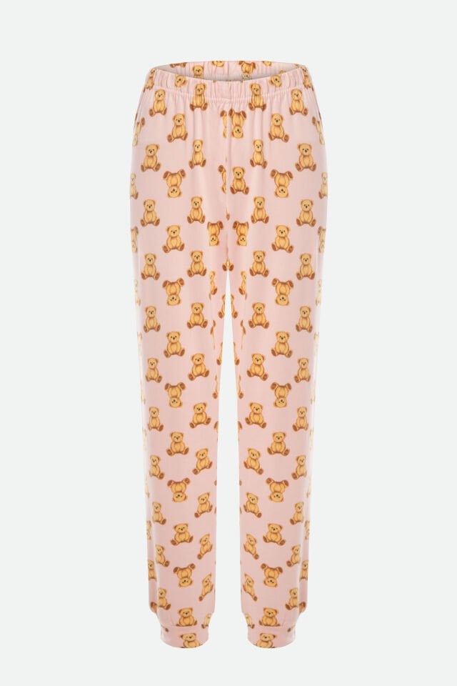 Kadın Soft Touch Pamuklu Uzun Kollu Ayıcık Desenli Jogger Pijama Takımı