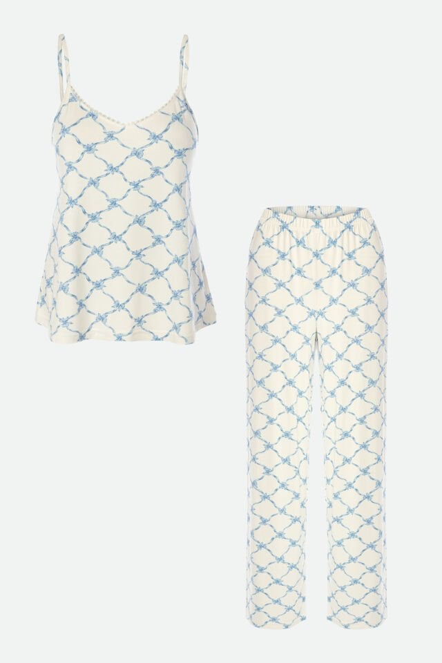 Kadın Askılı Yumuşak Dokulu Desenli Pijama Takımı XL - Mavi - Beyaz