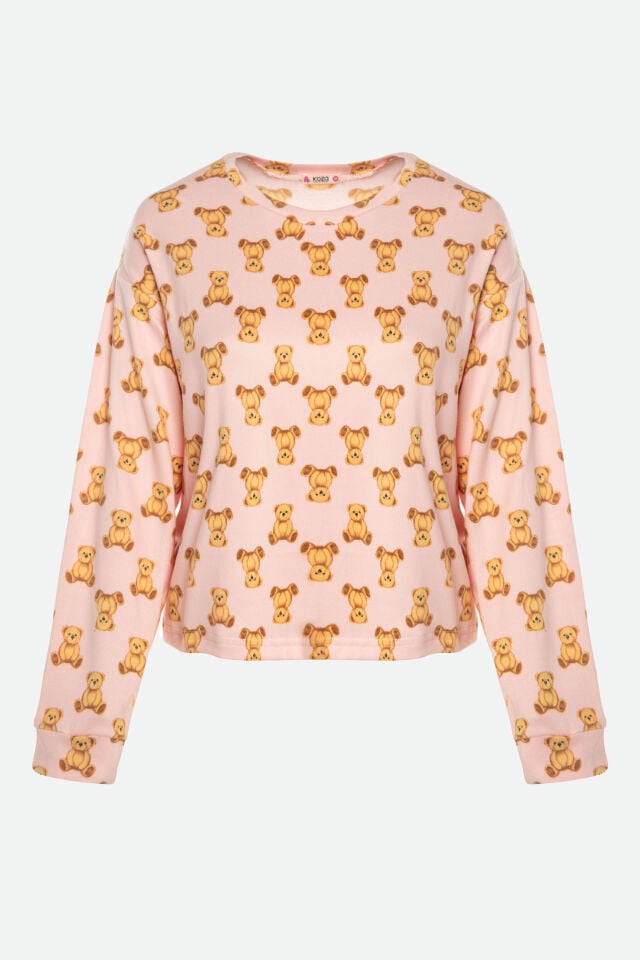 Kadın Soft Touch Pamuklu Uzun Kollu Ayıcık Desenli Jogger Pijama Takımı S - Pembe - Kahverengi