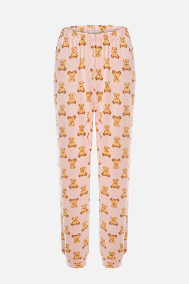 Kadın Soft Touch Pamuklu Uzun Kollu Ayıcık Desenli Jogger Pijama Takımı M - Pembe - Kahverengi