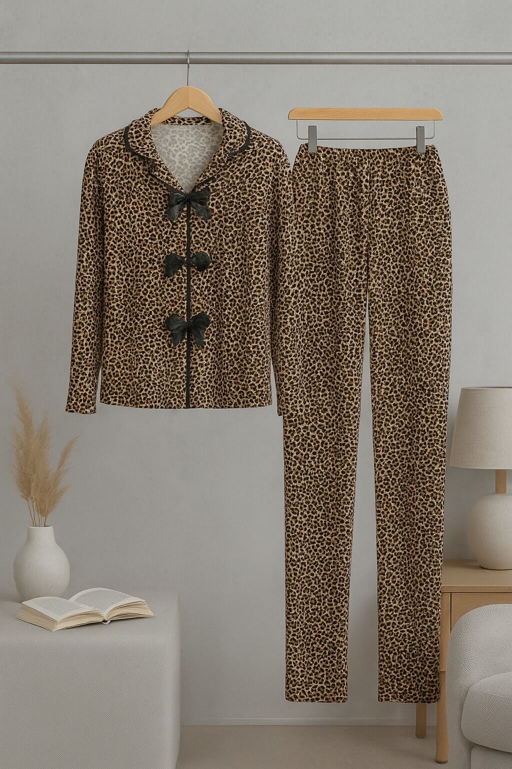 Kadın Yumuşak Dokulu Leopar Desenli Fiyonklu Uzun Kollu Gömlek Yaka Pijama Takımı Kahverengi - S/M