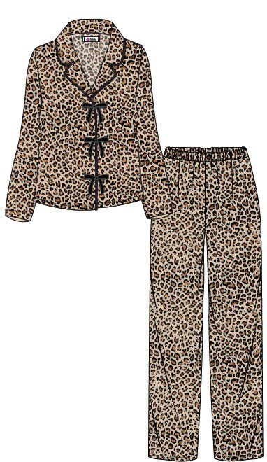 Kadın Yumuşak Dokulu Leopar Desenli Fiyonklu Uzun Kollu Gömlek Yaka Pijama Takımı Kahverengi - S/M