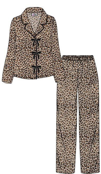 Kadın Yumuşak Dokulu Leopar Desenli Fiyonklu Uzun Kollu Gömlek Yaka Pijama Takımı Kahverengi - S/M