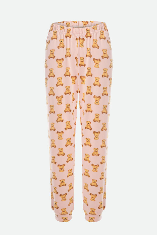 Kadın Soft Touch Pamuklu Uzun Kollu Ayıcık Desenli Jogger Pijama Takımı L - Pembe - Kahverengi