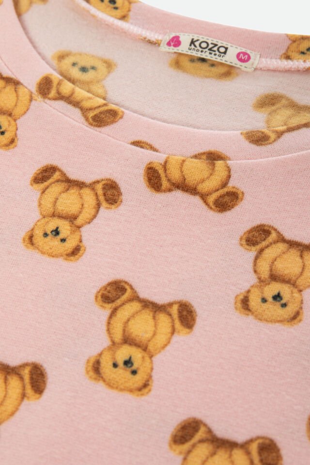 Kadın Soft Touch Pamuklu Uzun Kollu Ayıcık Desenli Jogger Pijama Takımı L - Pembe - Kahverengi