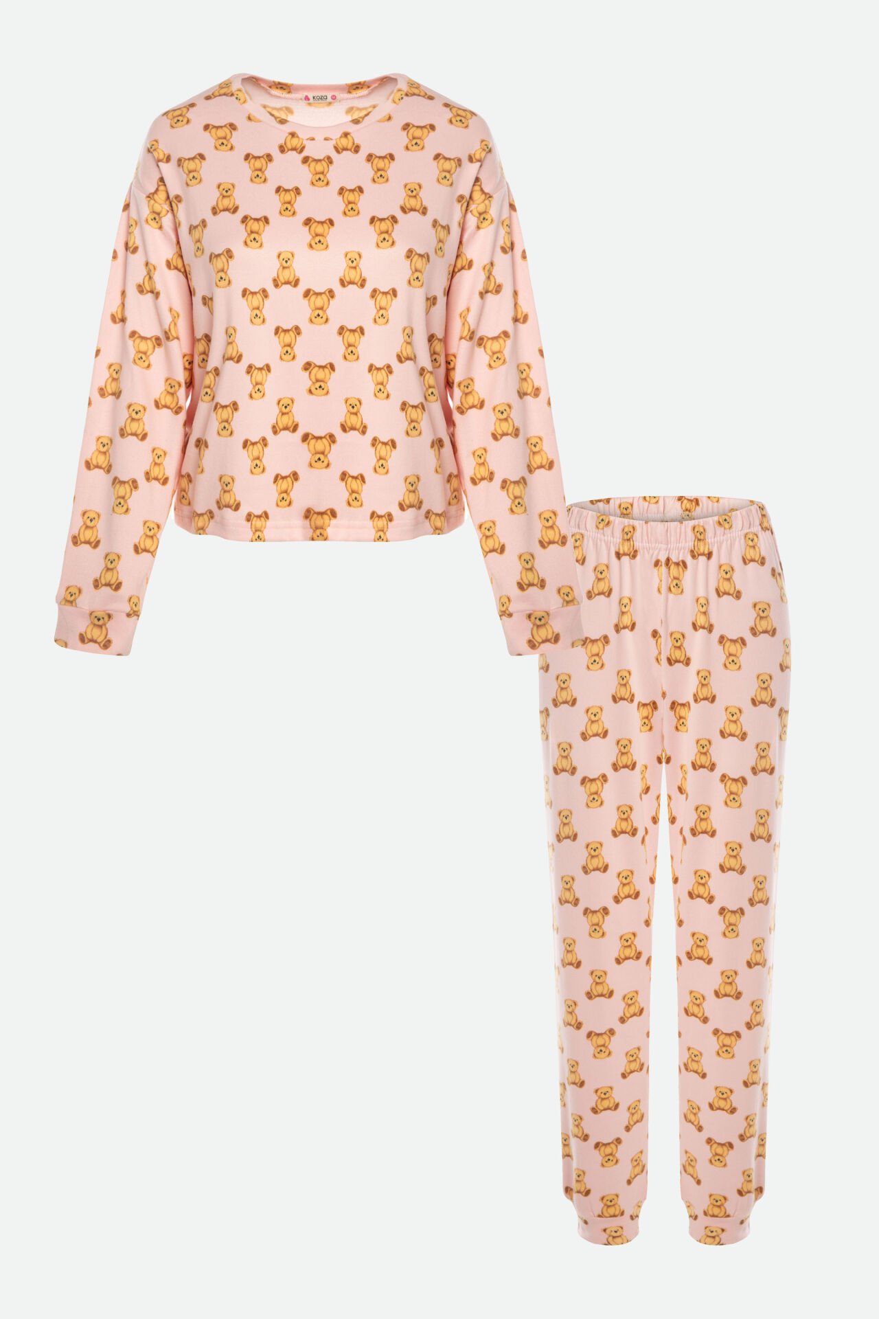 Kadın Soft Touch Pamuklu Uzun Kollu Ayıcık Desenli Jogger Pijama Takımı XL - Pembe - Kahverengi