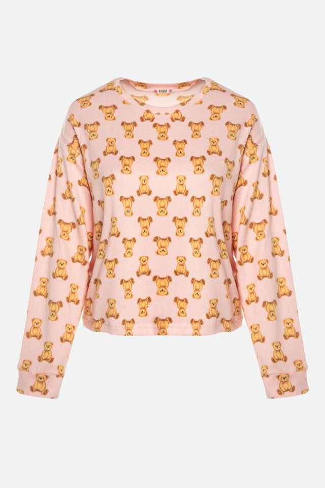 Kadın Soft Touch Pamuklu Uzun Kollu Ayıcık Desenli Jogger Pijama Takımı XL - Pembe - Kahverengi