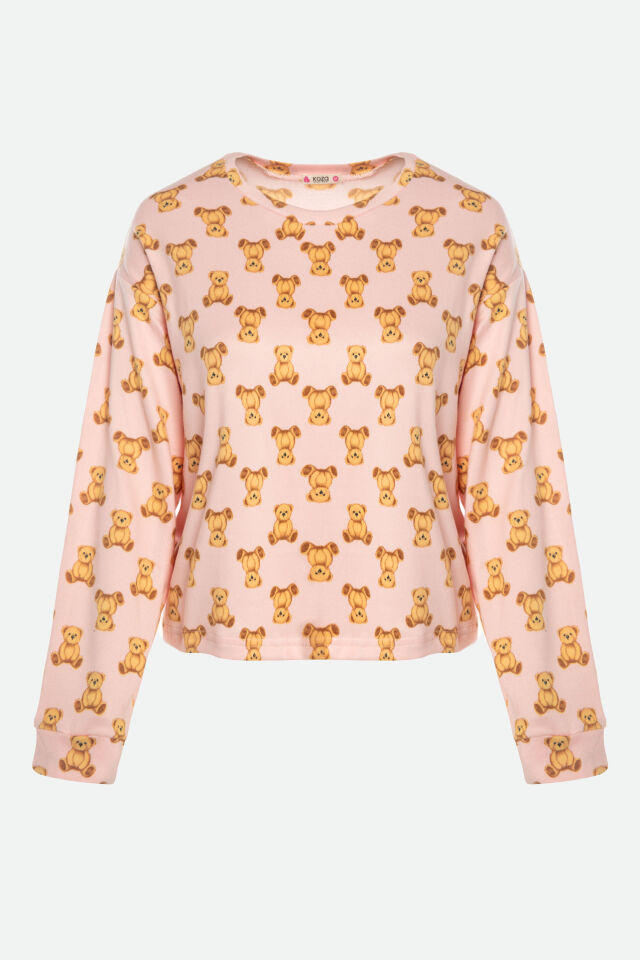 Kadın Soft Touch Pamuklu Uzun Kollu Ayıcık Desenli Jogger Pijama Takımı XL - Pembe - Kahverengi