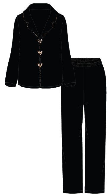 Kadın Yumuşak Dokulu Leopar Desenli Fiyonklu Uzun Kollu Gömlek Yaka Pijama Takımı Siyah - S/M