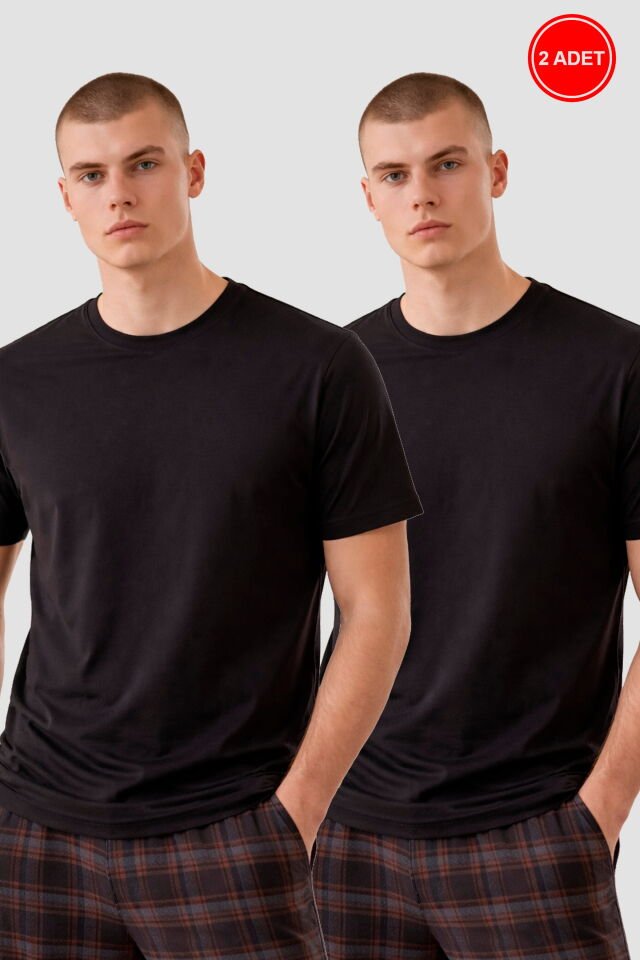 Erkek 2'li Basic Likralı T-Shirt Siyah - M