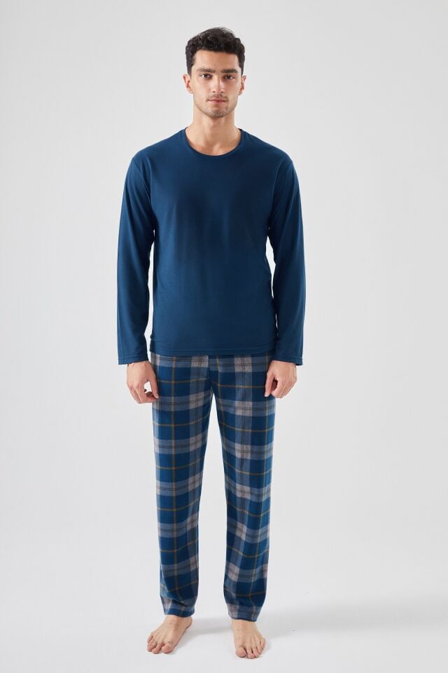 Erkek Yumuşak Dokulu Lacivert Ekose Desenli Pijama Takımı Lacivert - 2XL