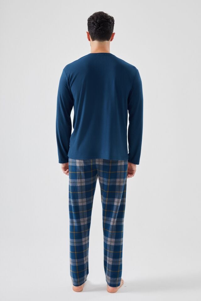 Erkek Yumuşak Dokulu Lacivert Ekose Desenli Pijama Takımı Lacivert - 2XL