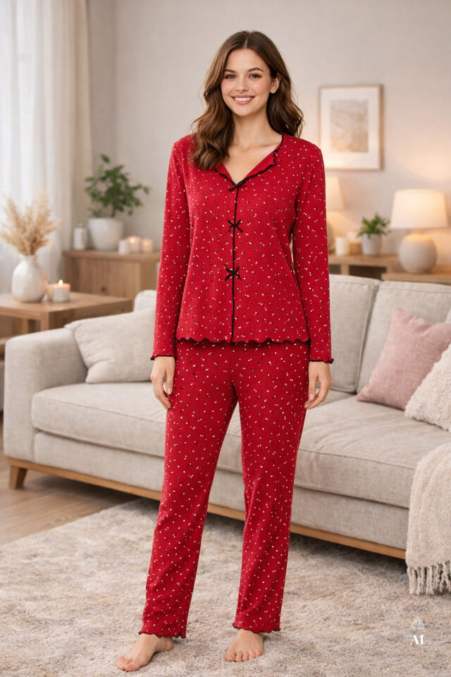 Sevgililer Günü Temalı Kadın Pamuklu Çıtır Çiçek Desenli Baby Overloklu Fiyonklu Uzun Kollu Pijama Takımı XL - Bordo