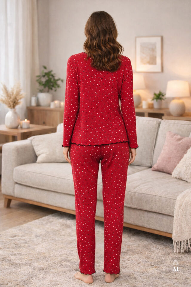 Sevgililer Günü Temalı Kadın Pamuklu Çıtır Çiçek Desenli Baby Overloklu Fiyonklu Uzun Kollu Pijama Takımı XL - Bordo