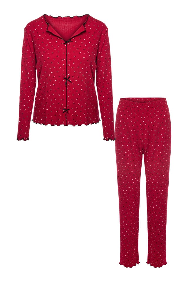 Sevgililer Günü Temalı Kadın Pamuklu Çıtır Çiçek Desenli Baby Overloklu Fiyonklu Uzun Kollu Pijama Takımı XL - Bordo