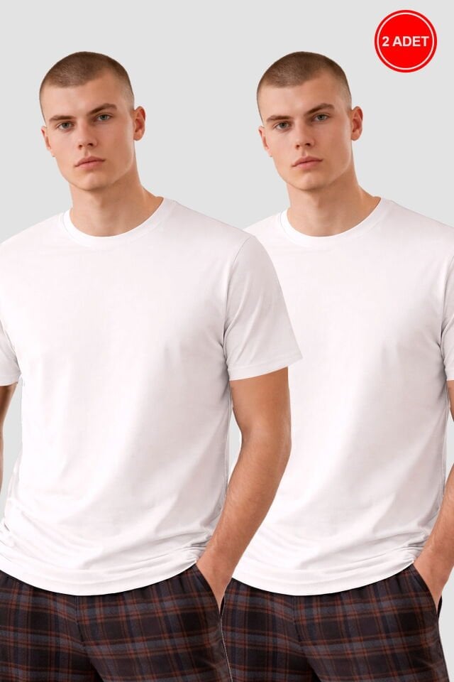 Erkek 2'li Basic Likralı T-Shirt Beyaz - M