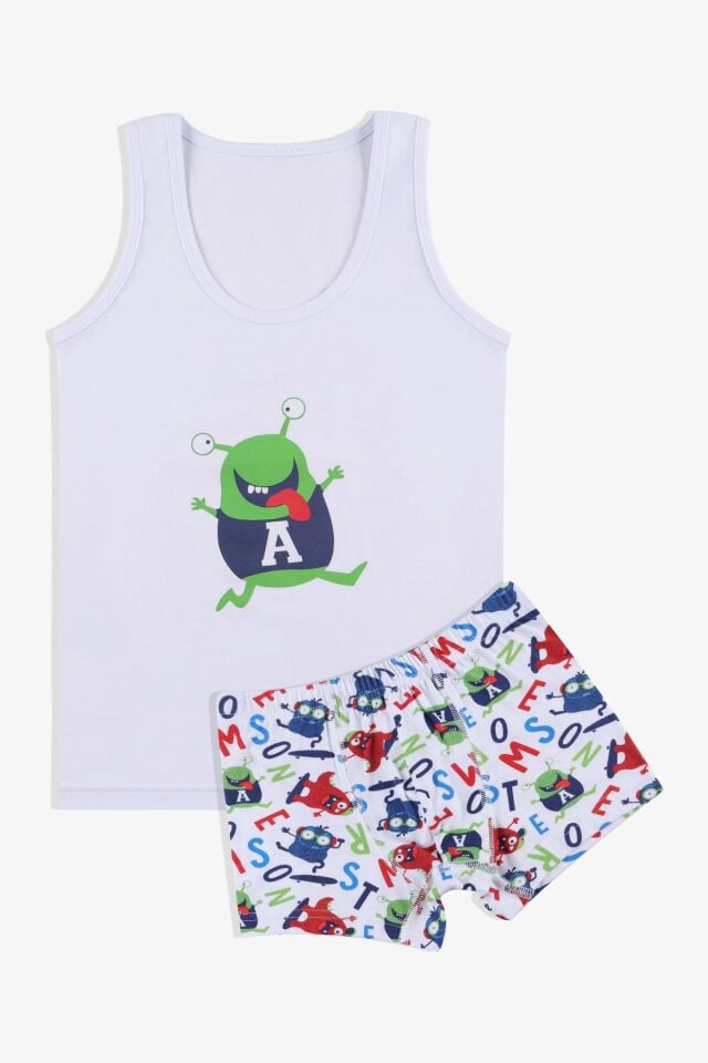 Erkek Çocuk Pamuklu Kalın Askılı Baskılı Atlet Boxer Takım KO3401-2 Mikrop Desen - 7-9 Yaş