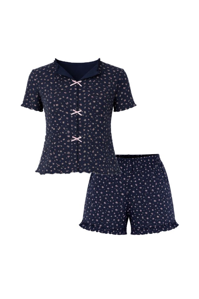Kadın Çiçek Desenli Fiyonklu Kaşkorse Kısa Kollu Şort Takım Lacivert - Pembe - XL