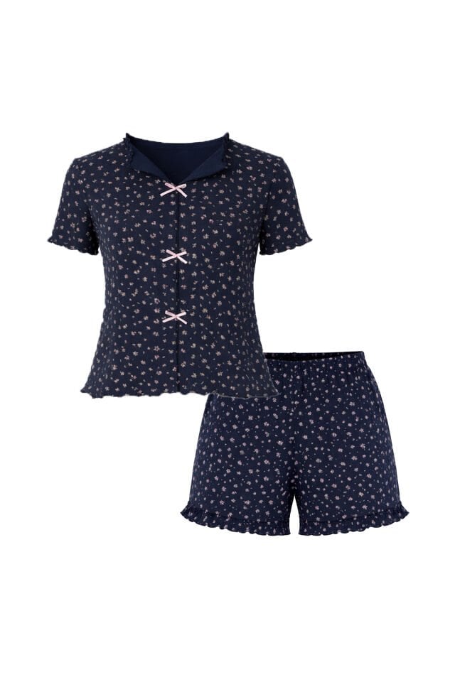 Kadın Çiçek Desenli Fiyonklu Kaşkorse Kısa Kollu Şort Takım Lacivert - Pembe - XL