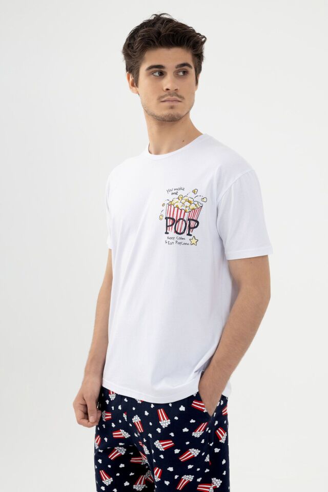 Erkek Kısa Kollu Pamuklu Popcorn Desenli Şortlu Pijama Takımı KO60100 Popcorn Desen - M