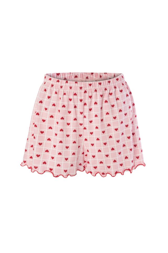 Kadın İnce Askılı Desenli Pamuklu Şortlu Pijama Takımı Pembe -  Beyaz - M