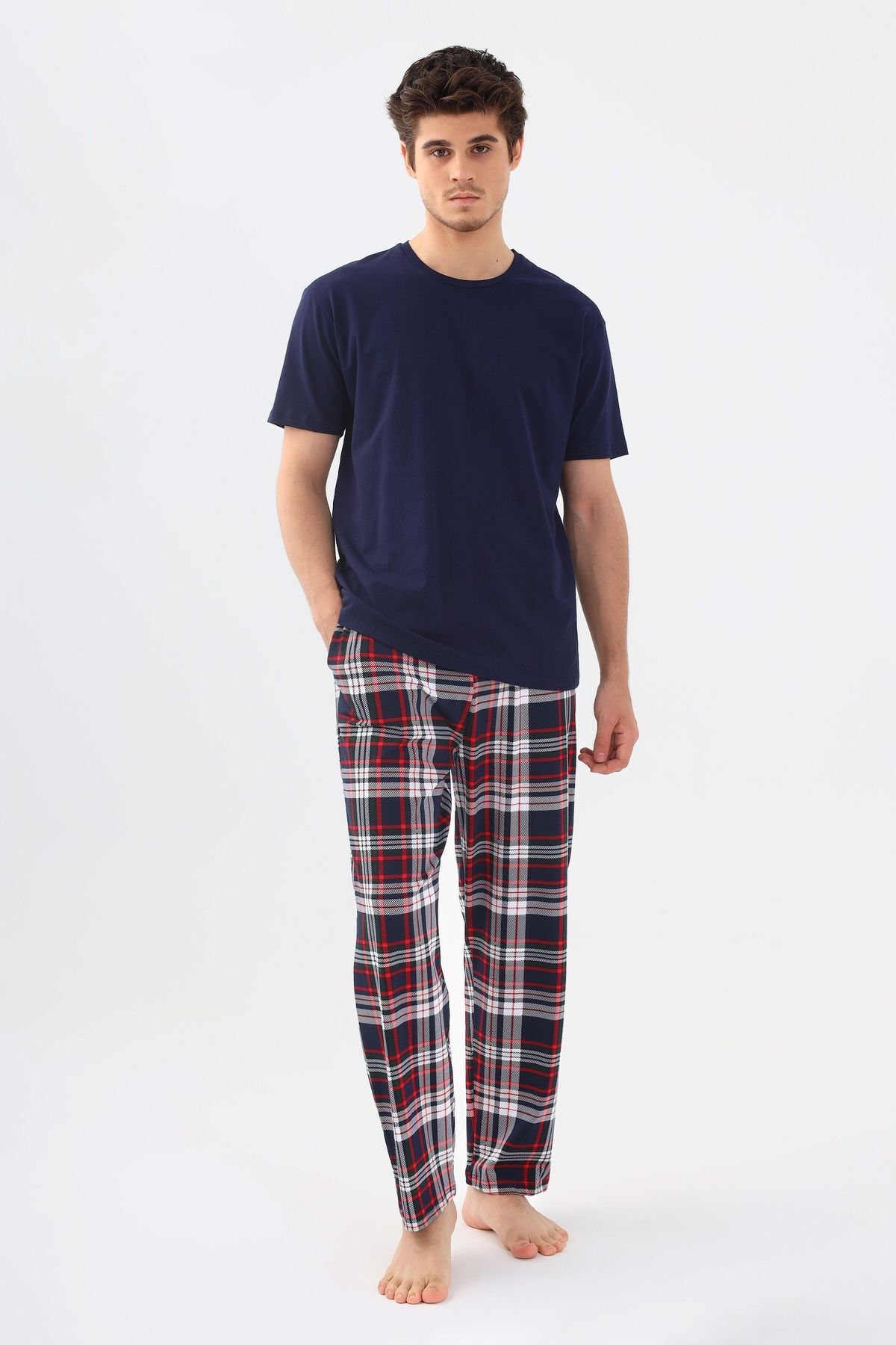 Erkek Kısa Kollu Ekose Desenli Pamuklu Pijama Takımı Lacivert - S
