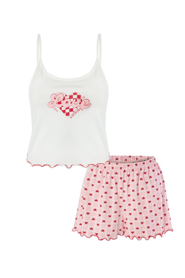 Kadın İnce Askılı Desenli Pamuklu Şortlu Pijama Takımı Pembe - Beyaz - XL