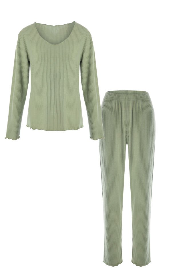 Kadın Yumuşak Dokulu Fitilli Süs Dikişli Soft Touch Pijama Takımı Yeşil - XL