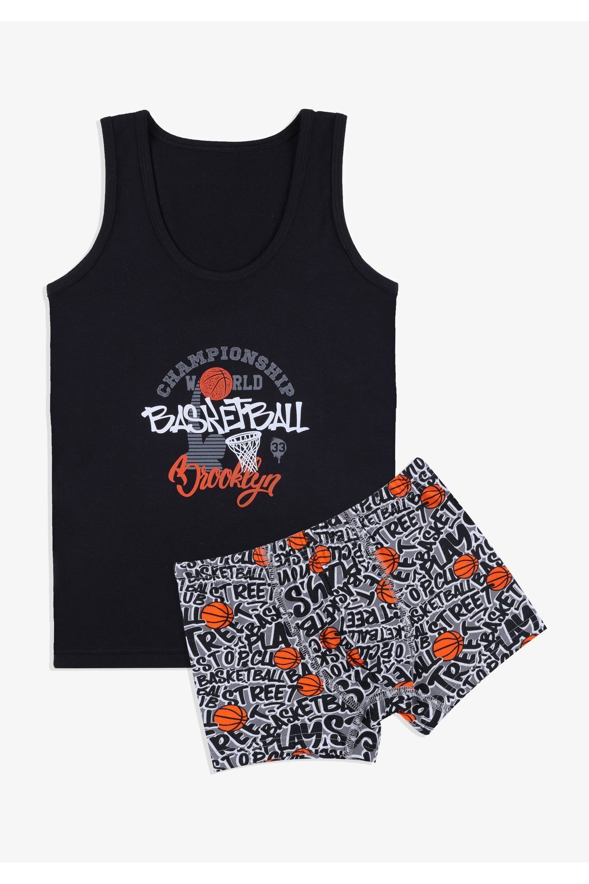Erkek Çocuk Pamuklu Kalın Askılı Baskılı Atlet Boxer Takım KO3401-1 Basket Desen - 7-9 Yaş