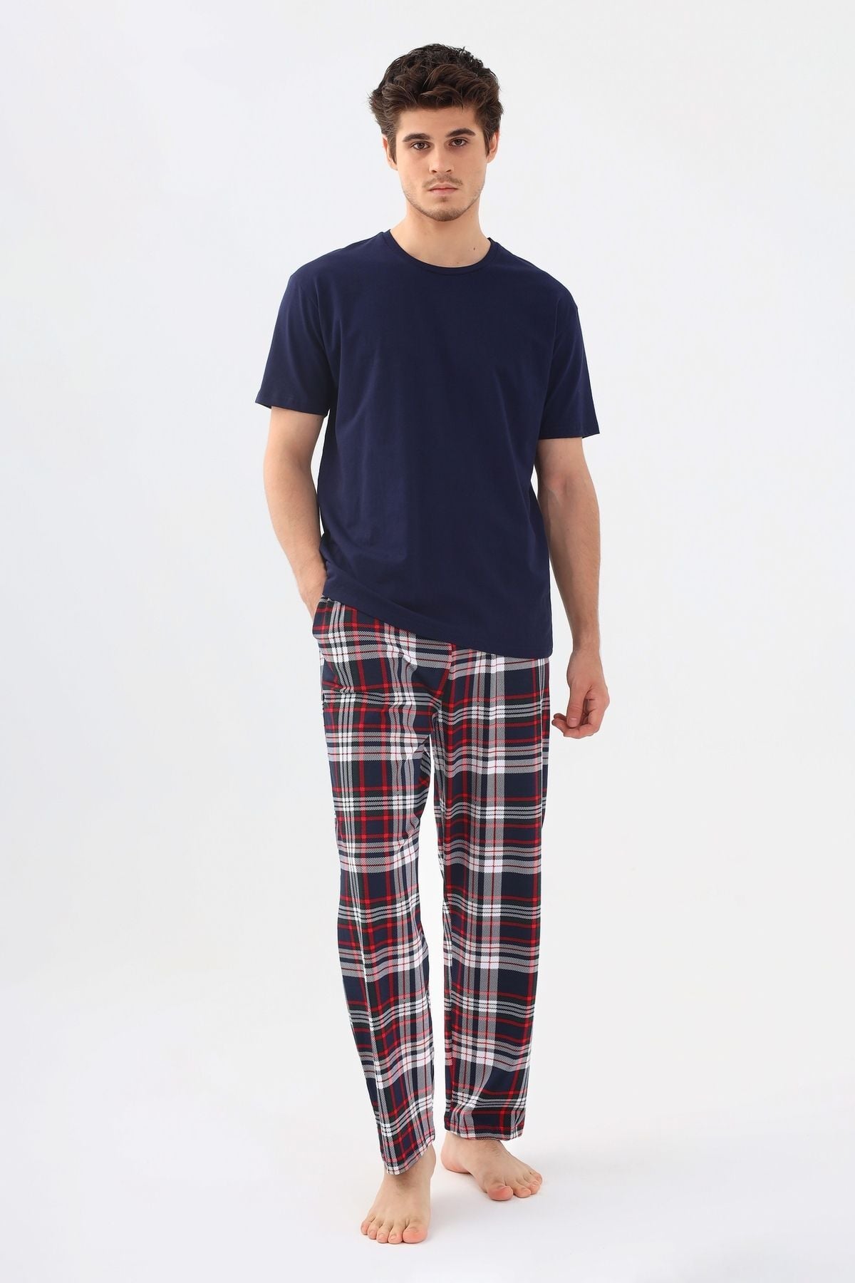 Erkek Kısa Kollu Ekose Desenli Pamuklu Pijama Takımı Lacivert - M