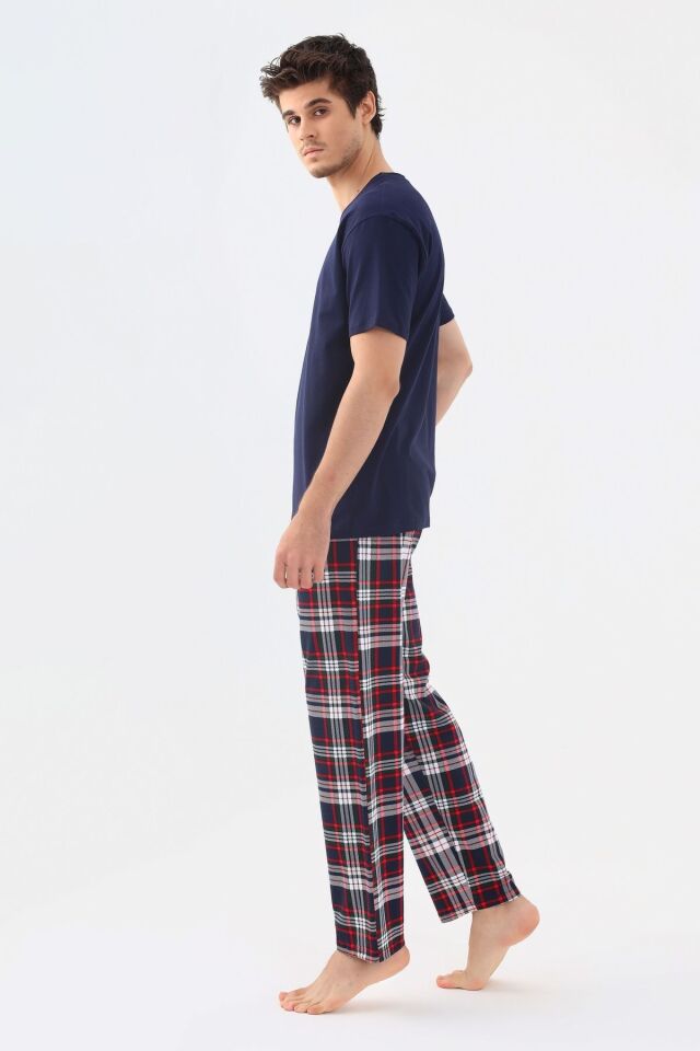 Erkek Kısa Kollu Ekose Desenli Pamuklu Pijama Takımı Lacivert - M