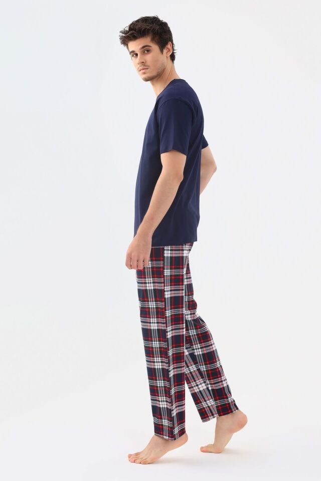Erkek Kısa Kollu Ekose Desenli Pamuklu Pijama Takımı Lacivert - M