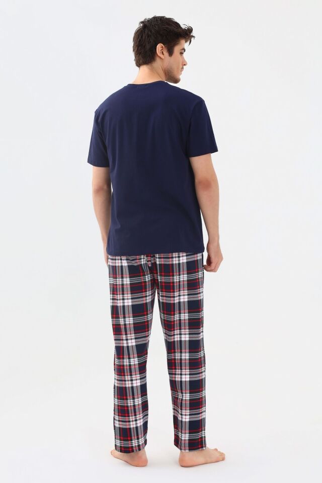 Erkek Kısa Kollu Ekose Desenli Pamuklu Pijama Takımı Lacivert - M