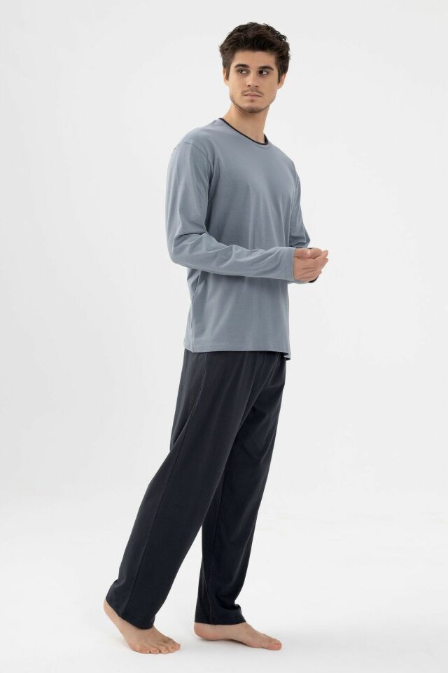 Erkek Pamuklu Double Yaka Uzun Kollu Cep Detaylı Pijama Takımı