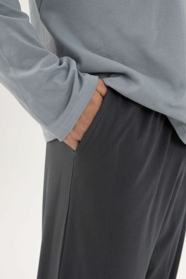 Erkek Pamuklu Double Yaka Uzun Kollu Cep Detaylı Pijama Takımı