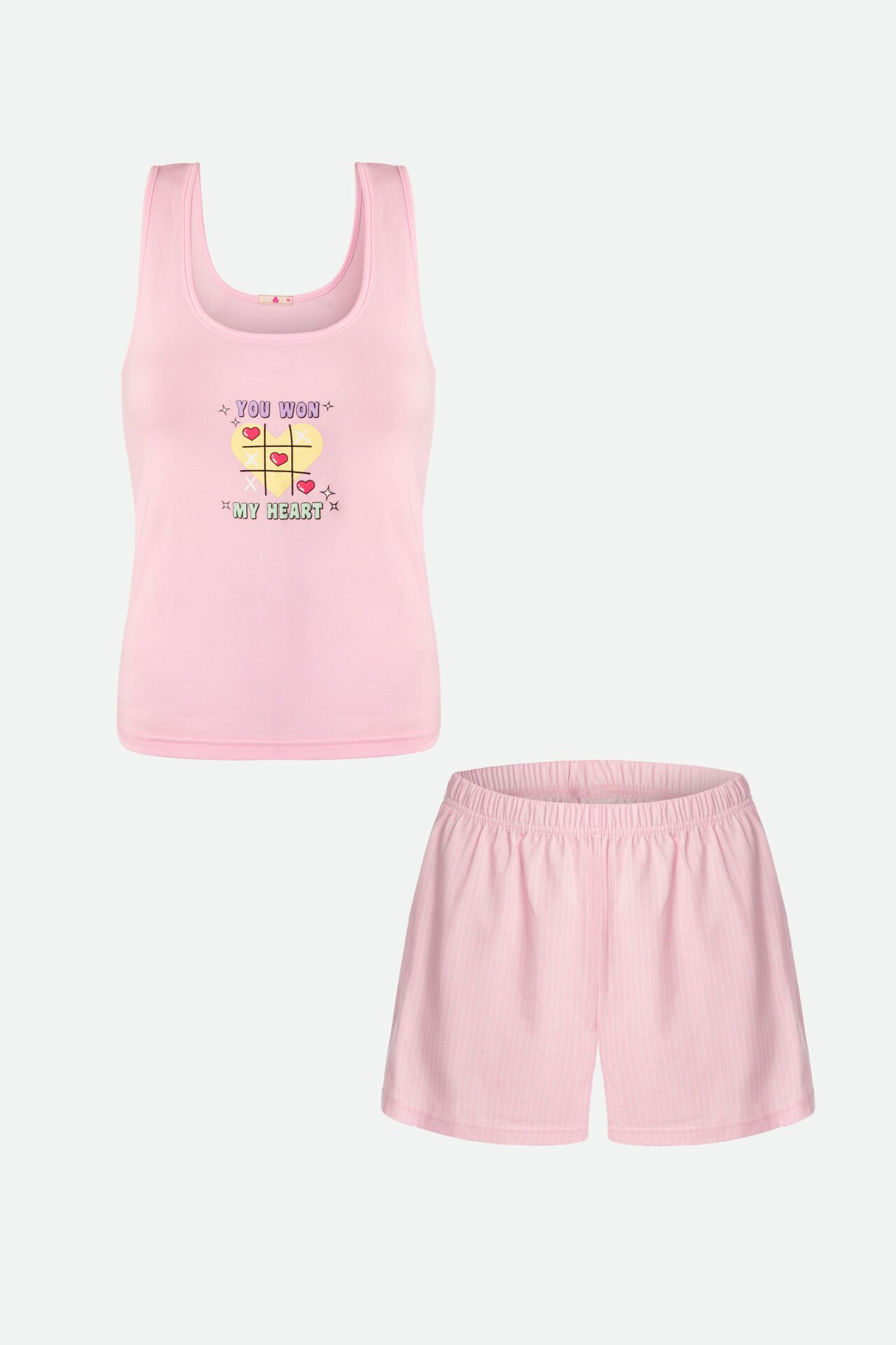 Kadın Pamuklu Kalın Askılı Şortlu Pijama Takımı S - Pembe - Ekru