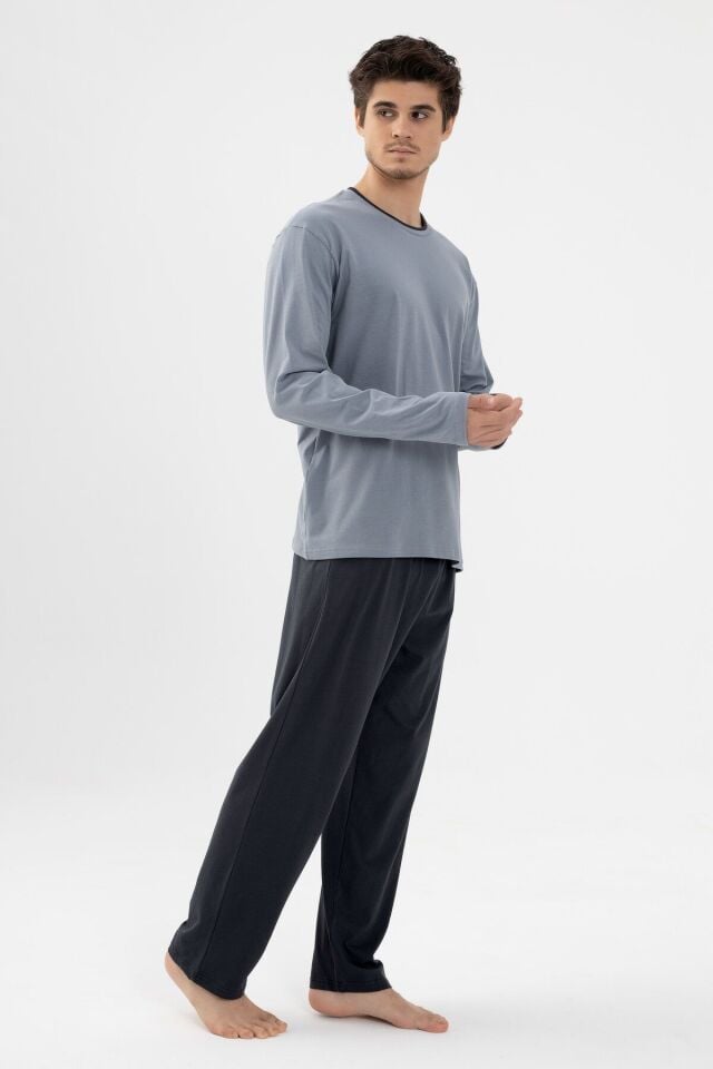 Erkek Pamuklu Double Yaka Uzun Kollu Cep Detaylı Pijama Takımı Gri - S