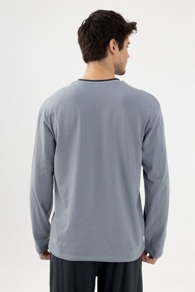 Erkek Pamuklu Double Yaka Uzun Kollu Cep Detaylı Pijama Takımı Gri - S