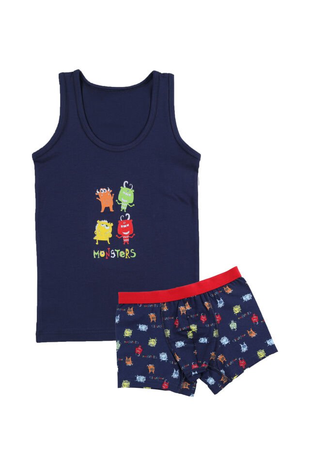 Erkek Çocuk Pamuklu Uzay Baskılı Atlet Boxer Takım 3 - 5 Yaş - Lacivert - Turuncu