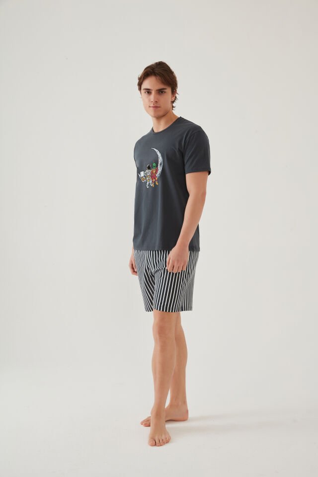 Erkek Pamuklu Füme Baskılı Cepli Şort Pijama Takımı Füme - Beyaz - S