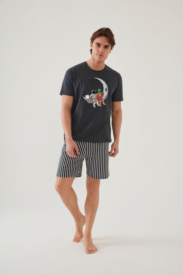 Erkek Pamuklu Füme Baskılı Cepli Şort Pijama Takımı Füme - Beyaz - S